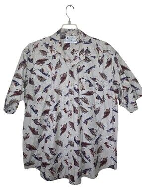 Columbia Sportswear Fishing Lure Graphic Button Down 100% Cotton Size Large